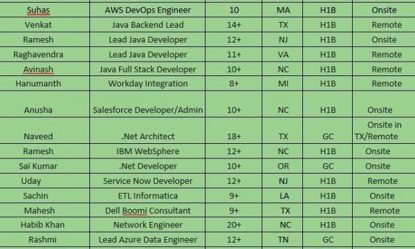 AWS DevOps Engineer, Java Backend Lead, .NET, Salesforce HOTLIST Available Benchinfo For C2C Jobs New Candidate Available-Quick-hire-now