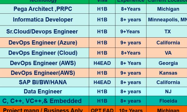 Informatica Developer, Devops Engineer, .Net Developer, UI Developer, Salesforce Hotlist Available Benchinfo For C2C Jobs New Candidate Available-Quick-hire-now