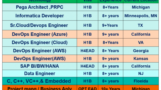 Informatica Developer, Devops Engineer, .Net Developer, UI Developer, Salesforce Hotlist Available Benchinfo For C2C Jobs New Candidate Available-Quick-hire-now