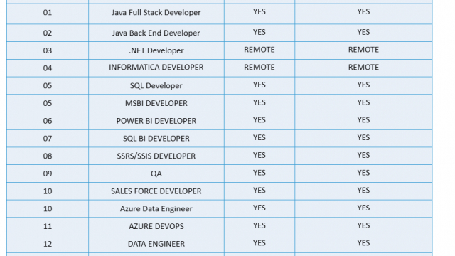 Java Back End Developer, .NET Developer, SQL Developer, Business System Analyst, IOS Developer, UI HOTLIST For Corp To Corp Jobs-Quick-hire-now