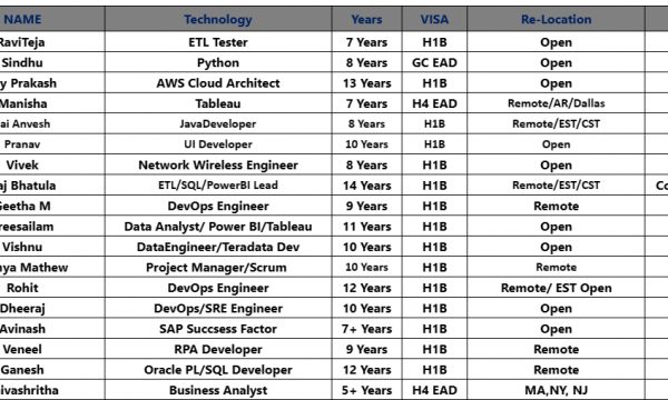 Java Developer, UI Developer, RPA Developer , DevOps Engineer, Business Analyst hotlist with bench info for daily corp to corp contract jobs-Quick-hire-now