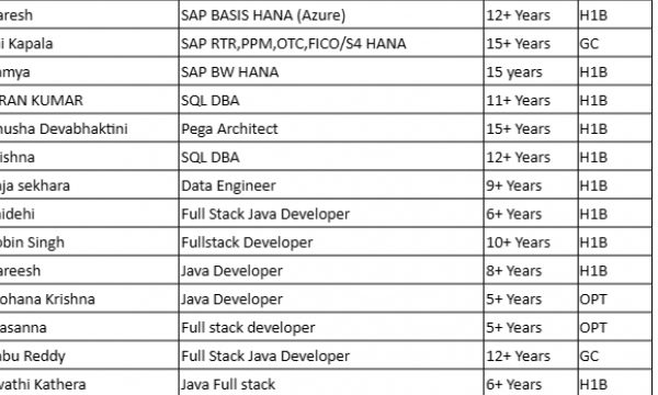 SQL DBA, Pega Architect, Data Engineer, Full Stack Java hotlist with bench info for daily corp to corp contract jobs-Quick-hire-now
