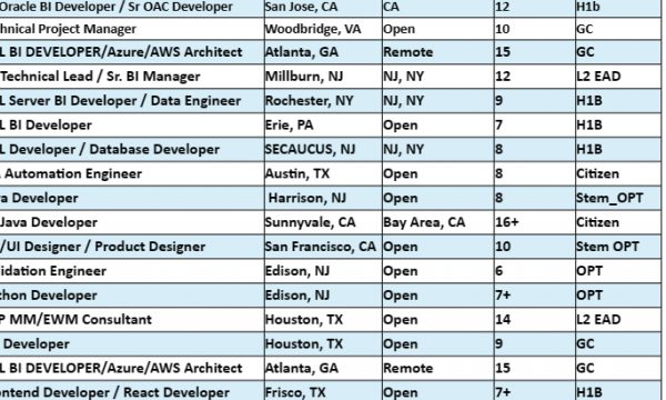 Sr. Oracle BI Developer, QA Automation Engineer, Python Developer, Full Stack Dot Net Developer, Sr. Business Analyst hotlist please share daily c2c jobs-Quick-hire-now