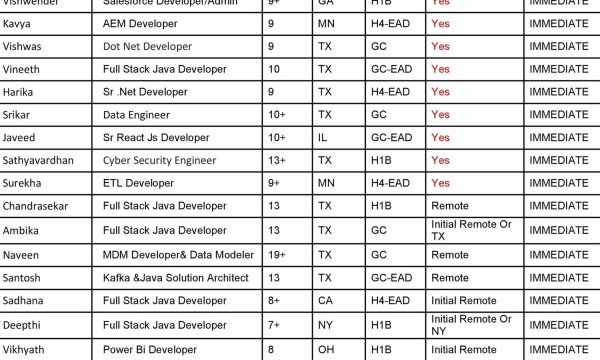 Updated Hotlist for Corp to corp requirements-Quick-hire-now