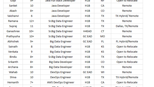 Business Analyst, Sales Force Developer, ETL Developer, AWS DevOps Engineer, Java Hotlist For Corp To Corp Requirements Please Share C2C Jobs-Quick-hire-now