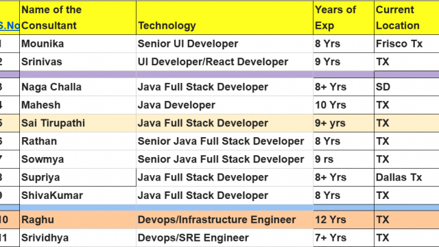 Senior UI Developer, Java Full Stack Developer, Sr. SQL Server DBA, .Net Developer, Business Analyst hotlist with bench info for daily corp to corp contract jobs-Quick-hire-now