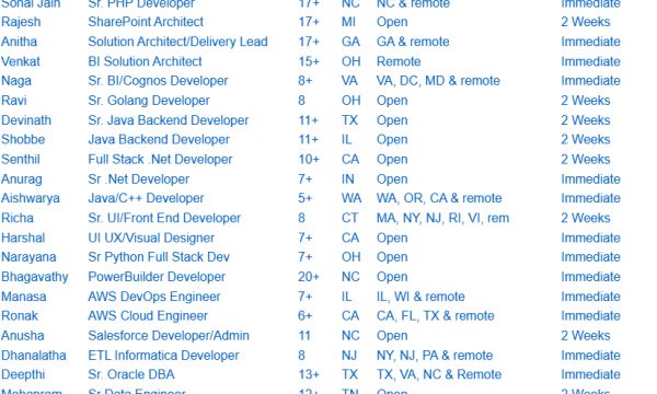 Sr Business Analyst Jobs HOTLIST SharePoint Architect, Sr. Java Backend Developer, Sr .Net Developer, Salesforce Developer, Sr. C++ Developer-Quick-hire-now