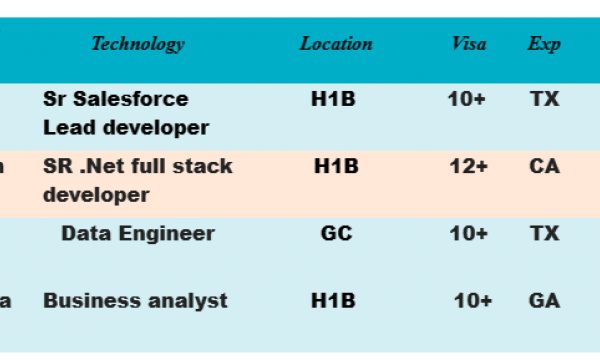 Sr Salesforce Jobs HOTLIST SR .Net full stack developer, Data Engineer, Business analyst-Quick-hire-now