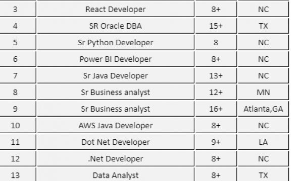 .NET Developer Jobs Hotlist, SR Oracle DBA, Sr Business analyst, Sr Java Developer, SharePoint Developer-Quick-hire-now