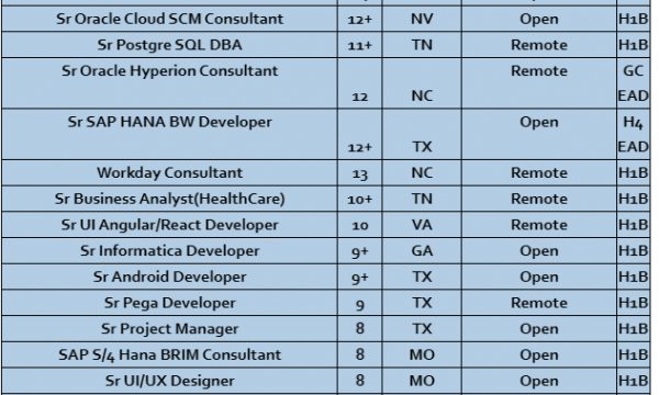 Sr Salesforce Jobs Hotlist, Sr AWS Devops Architect, Sr PostgreSQL DBA, Sr Business Analyst, Sr Android Developer-Quick-hire-now