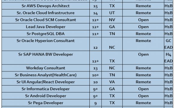 Sr Salesforce Jobs Hotlist, Sr QA Automation, Power BI Developer, Sr. Net Developer, Java Full stack Developer-Quick-hire-now