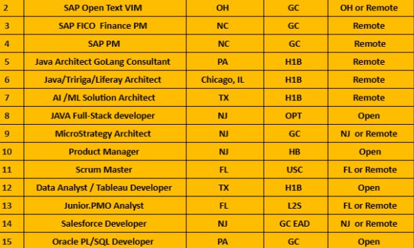 Sr. Scrum master Jobs Hotlist, Network Engineer, Java Architect GoLang Consultant, Java, Salesforce Developer-Quick-hire-now