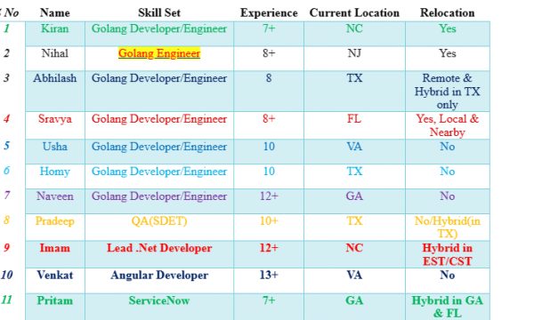 Golang Engineer Jobs Hotlist, Lead .Net Developer, Angular Developer, ServiceNow-Quick-hire-now
