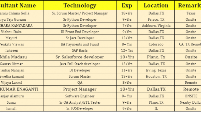 QA JOBS C2C HOTLIST, Sr Python Developer, UI Front End Developer, Sr. Salesforce developer, BI Developer-Quick-hire-now