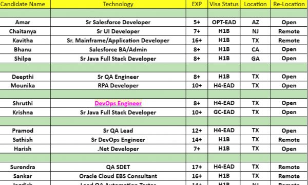 C2C Hotlist DevOps Engineer Jobs, Sr Salesforce Developer, Sr UI Developer, .Net Developer, QA SDET Quick overview-Quick-hire-now