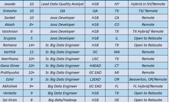 Big Data Engineer Jobs Hotlist, Sales Force Developer, Business Analyst, Dot Net Developer, Java Developer-Quick-hire-now