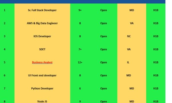 Business Analyst Jobs Hotlist, Sr. Full Stack Developer, IOS Developer, Python Developer, Site Reliability Engineer-Quick-hire-now