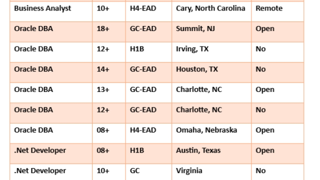 Oracle DBA Jobs Hotlist, Business Analyst, .Net Developer, ETL Informatica, Salesforce Developer-Quick-hire-now